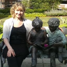 Karen with statue of children